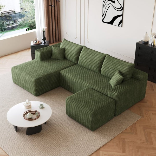 English Elm 95 Inch U Shaped Sectional Sofa with Ottoman Plush Corduroy Deep Seat Living Room W2824S00341