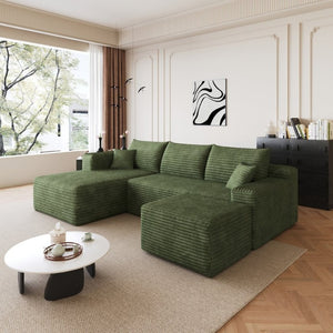 English Elm 95 Inch U Shaped Sectional Sofa with Ottoman Plush Corduroy Deep Seat Living Room W2824S00341