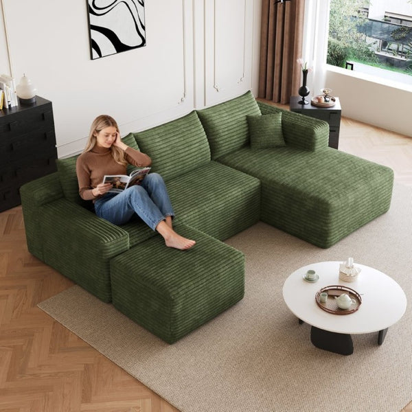 English Elm 95 Inch U Shaped Sectional Sofa with Ottoman Plush Corduroy Deep Seat Lounge Couch W2824S00343
