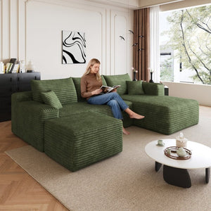 English Elm 95 Inch U Shaped Sectional Sofa with Ottoman Plush Corduroy Deep Seat Lounge Couch W2824S00343
