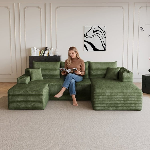 English Elm 95 Inch U Shaped Sectional Sofa with Ottoman Plush Corduroy Deep Seat Lounge Couch W2824S00343