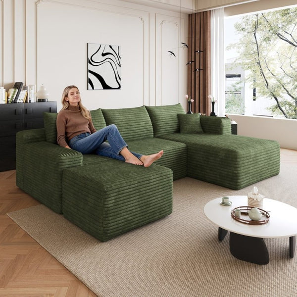 English Elm 95 Inch U Shaped Sectional Sofa with Ottoman Plush Corduroy Deep Seat Lounge Couch W2824S00343