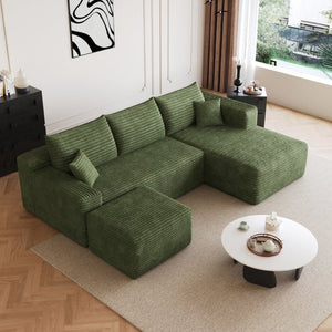 English Elm 95 Inch U Shaped Sectional Sofa with Ottoman Plush Corduroy Deep Seat Lounge Couch W2824S00343