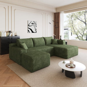 English Elm 95 Inch U Shaped Sectional Sofa with Ottoman Plush Corduroy Deep Seat Lounge Couch W2824S00343