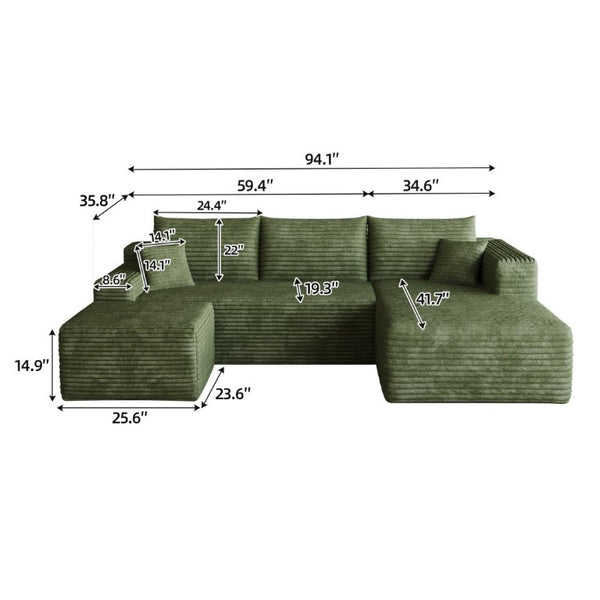 English Elm 95 Inch U Shaped Sectional Sofa with Ottoman Plush Corduroy Deep Seat Lounge Couch W2824S00343