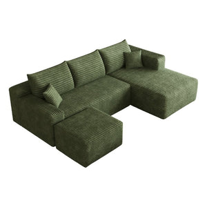English Elm 95 Inch U Shaped Sectional Sofa with Ottoman Plush Corduroy Deep Seat Lounge Couch W2824S00343