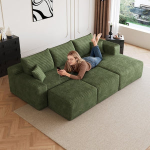 English Elm 95 Inch U Shaped Cloud Sectional with Plush Corduroy Upholstery and Two Ottomans Included W2824S00344
