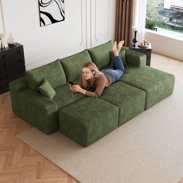 English Elm 95 Inch U Shaped Cloud Sectional with Plush Corduroy Upholstery and Two Ottomans Included W2824S00344