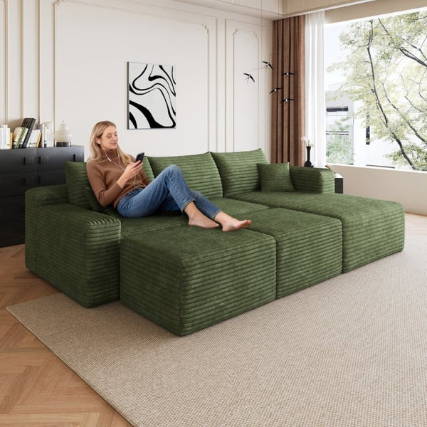 English Elm 95 Inch U Shaped Cloud Sectional with Plush Corduroy Upholstery and Two Ottomans Included W2824S00344