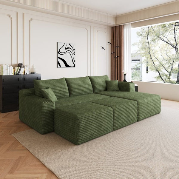 English Elm 95 Inch U Shaped Cloud Sectional with Plush Corduroy Upholstery and Two Ottomans Included W2824S00344
