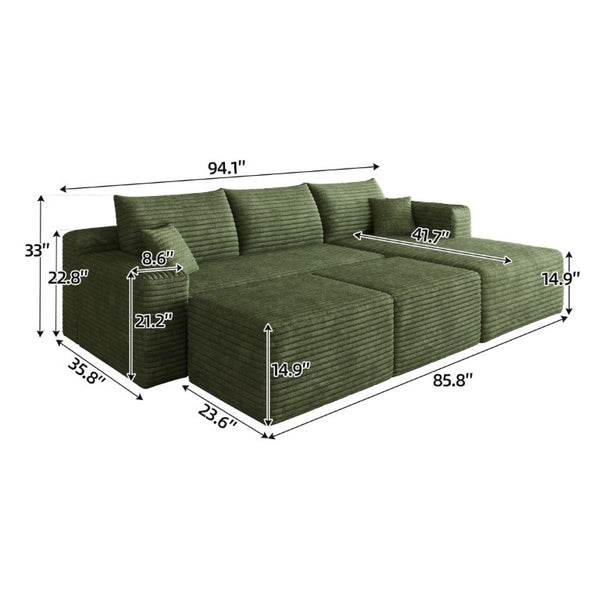 English Elm 95 Inch U Shaped Cloud Sectional with Plush Corduroy Upholstery and Two Ottomans Included W2824S00344