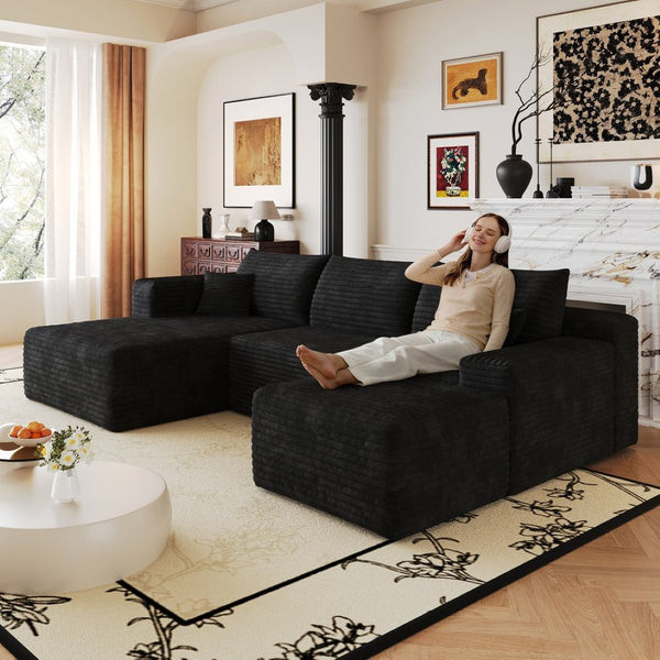 English Elm 103 Inch L Shaped Sectional Sofa in Plush Corduroy for Modern Living Rooms Black A W2824S00346