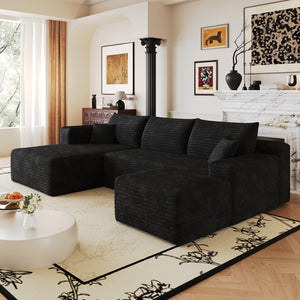 English Elm 103 Inch L Shaped Sectional Sofa in Plush Corduroy for Modern Living Rooms Black A W2824S00346
