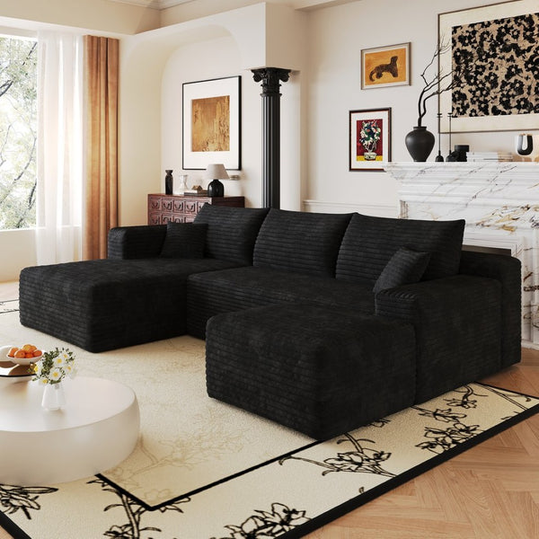 English Elm 103 Inch L Shaped Sectional Sofa in Plush Corduroy for Modern Living Rooms Black A W2824S00346