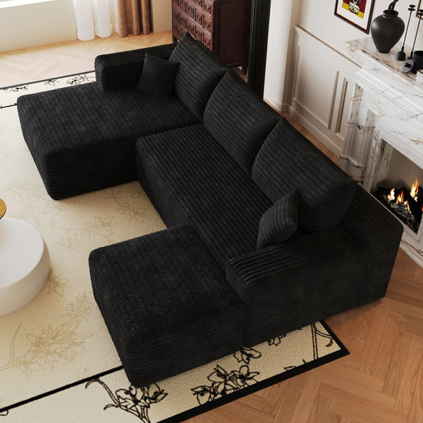 English Elm 103 Inch L Shaped Sectional Sofa in Plush Corduroy for Modern Living Rooms Black A W2824S00346