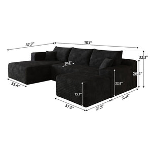 English Elm 103 Inch L Shaped Sectional Sofa in Plush Corduroy for Modern Living Rooms Black A W2824S00346