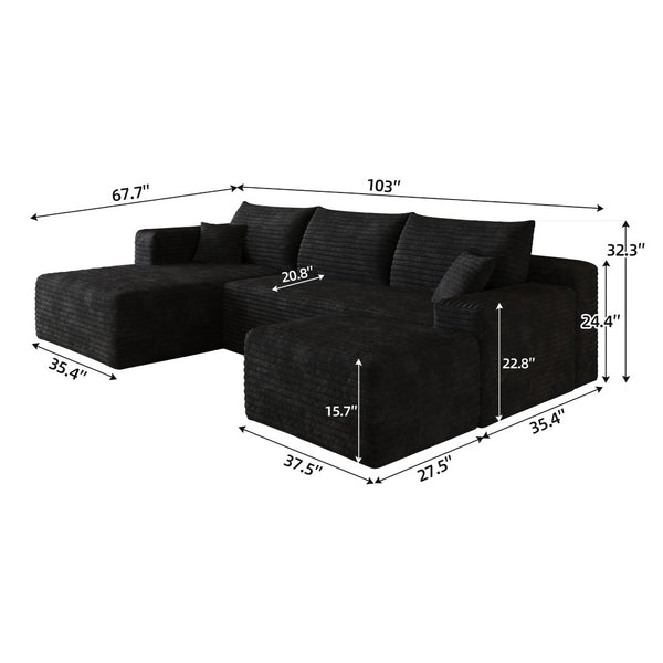 English Elm 103 Inch L Shaped Sectional Sofa in Plush Corduroy for Modern Living Rooms Black A W2824S00346