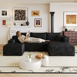 English Elm 103 Inch L Shaped Sectional Sofa in Plush Corduroy for Modern Living Rooms Black B W2824S00348