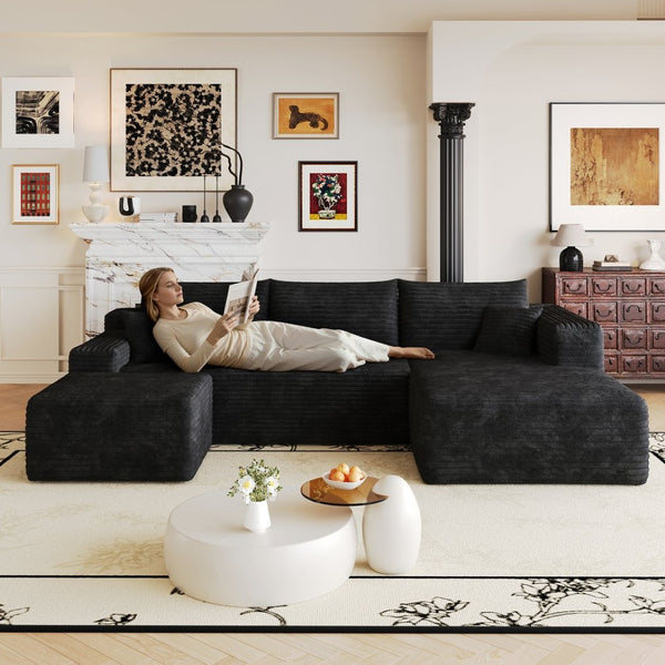 English Elm 103 Inch L Shaped Sectional Sofa in Plush Corduroy for Modern Living Rooms Black B W2824S00348