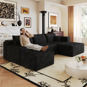 English Elm 103 Inch L Shaped Sectional Sofa in Plush Corduroy for Modern Living Rooms Black B W2824S00348