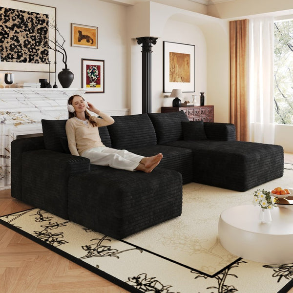 English Elm 103 Inch L Shaped Sectional Sofa in Plush Corduroy for Modern Living Rooms Black B W2824S00348