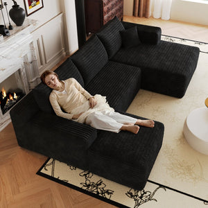 English Elm 103 Inch L Shaped Sectional Sofa in Plush Corduroy for Modern Living Rooms Black B W2824S00348