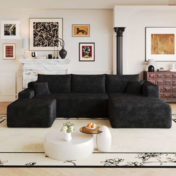 English Elm 103 Inch L Shaped Sectional Sofa in Plush Corduroy for Modern Living Rooms Black B W2824S00348