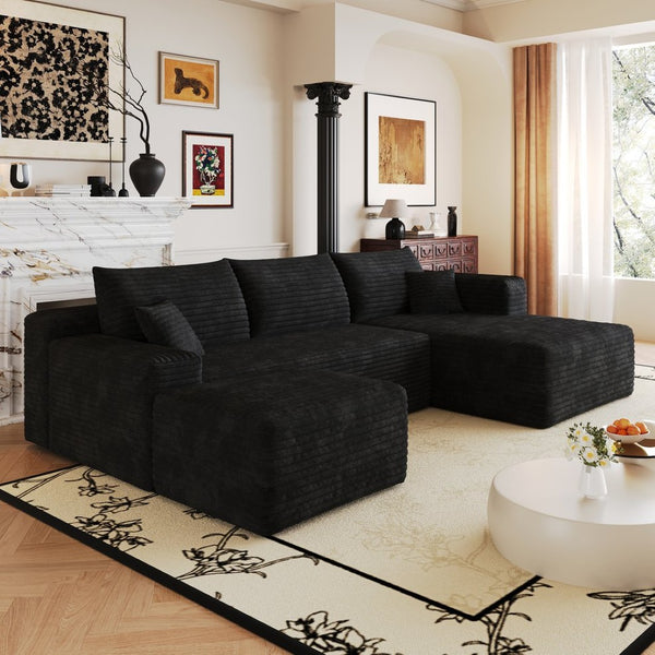 English Elm 103 Inch L Shaped Sectional Sofa in Plush Corduroy for Modern Living Rooms Black B W2824S00348
