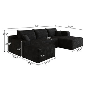 English Elm 103 Inch L Shaped Sectional Sofa in Plush Corduroy for Modern Living Rooms Black B W2824S00348