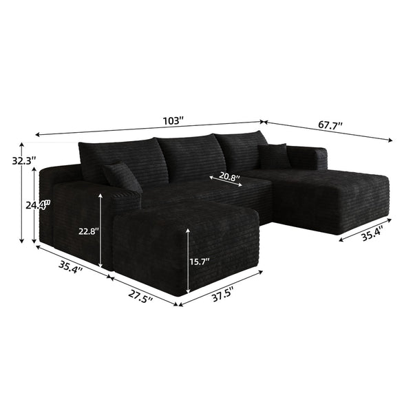 English Elm 103 Inch L Shaped Sectional Sofa in Plush Corduroy for Modern Living Rooms Black B W2824S00348