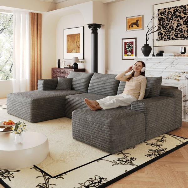 English Elm 103 Inch L Shaped Sectional Sofa in Plush Corduroy for Modern Living Rooms Dark Grey A W2824S00350