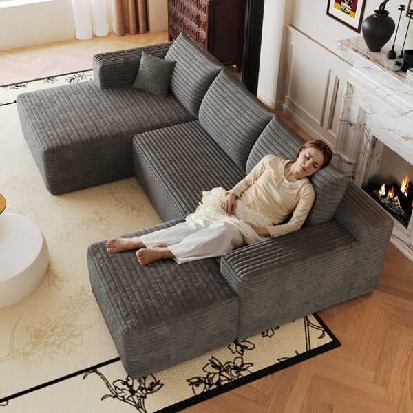 English Elm 103 Inch L Shaped Sectional Sofa in Plush Corduroy for Modern Living Rooms Dark Grey A W2824S00350