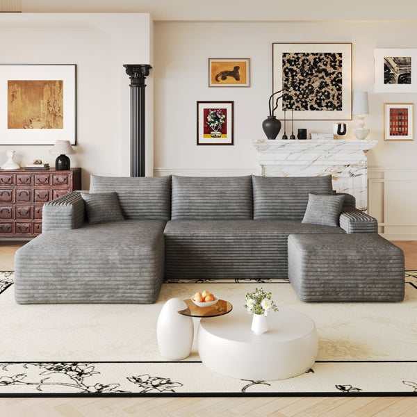 English Elm 103 Inch L Shaped Sectional Sofa in Plush Corduroy for Modern Living Rooms Dark Grey A W2824S00350
