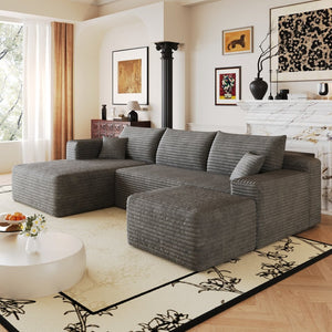 English Elm 103 Inch L Shaped Sectional Sofa in Plush Corduroy for Modern Living Rooms Dark Grey A W2824S00350