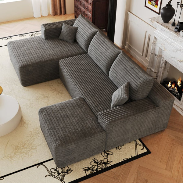English Elm 103 Inch L Shaped Sectional Sofa in Plush Corduroy for Modern Living Rooms Dark Grey A W2824S00350