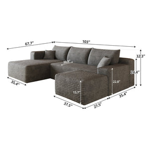 English Elm 103 Inch L Shaped Sectional Sofa in Plush Corduroy for Modern Living Rooms Dark Grey A W2824S00350