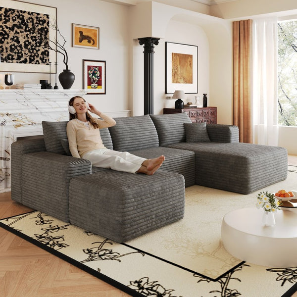 English Elm 103 Inch L Shaped Sectional Sofa in Plush Corduroy for Modern Living Rooms Dark Grey B W2824S00352