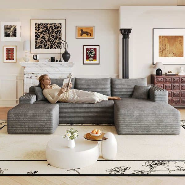 English Elm 103 Inch L Shaped Sectional Sofa in Plush Corduroy for Modern Living Rooms Dark Grey B W2824S00352