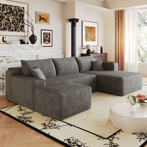 English Elm 103 Inch L Shaped Sectional Sofa in Plush Corduroy for Modern Living Rooms Dark Grey B W2824S00352