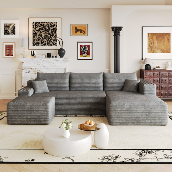 English Elm 103 Inch L Shaped Sectional Sofa in Plush Corduroy for Modern Living Rooms Dark Grey B W2824S00352