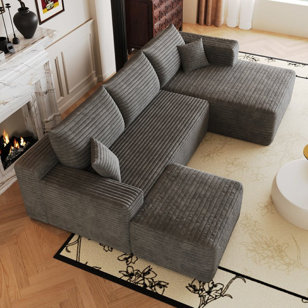 English Elm 103 Inch L Shaped Sectional Sofa in Plush Corduroy for Modern Living Rooms Dark Grey B W2824S00352