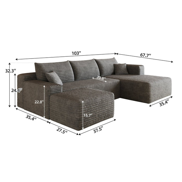 English Elm 103 Inch L Shaped Sectional Sofa in Plush Corduroy for Modern Living Rooms Dark Grey B W2824S00352