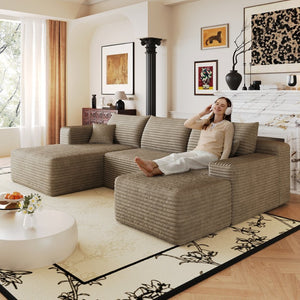 English Elm 103 Inch L Shaped Sectional Sofa in Plush Corduroy for Modern Living Rooms Camel A W2824S00354
