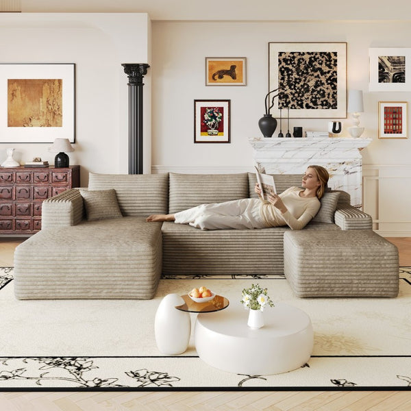 English Elm 103 Inch L Shaped Sectional Sofa in Plush Corduroy for Modern Living Rooms Camel A W2824S00354