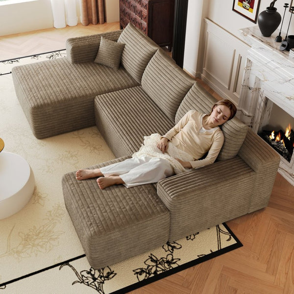 English Elm 103 Inch L Shaped Sectional Sofa in Plush Corduroy for Modern Living Rooms Camel A W2824S00354