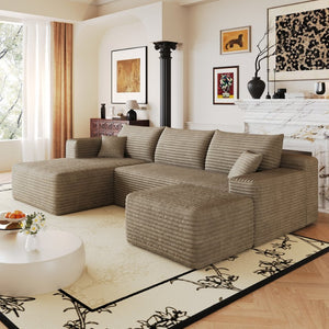 English Elm 103 Inch L Shaped Sectional Sofa in Plush Corduroy for Modern Living Rooms Camel A W2824S00354