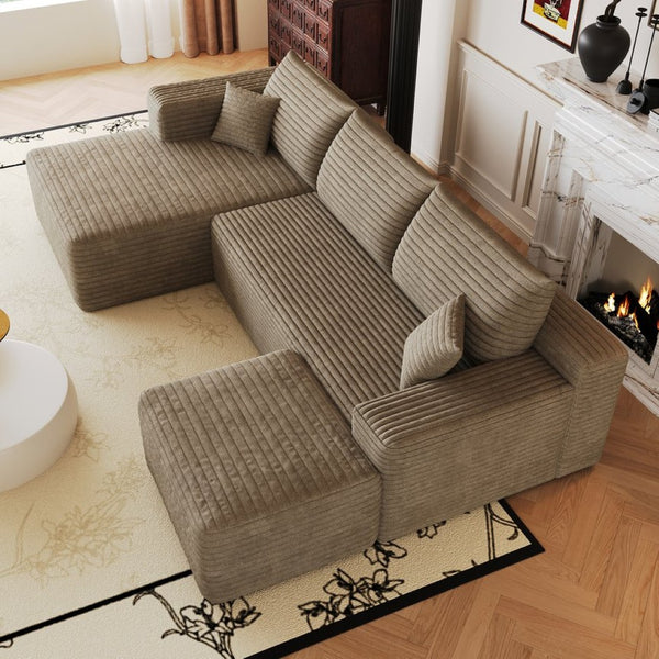 English Elm 103 Inch L Shaped Sectional Sofa in Plush Corduroy for Modern Living Rooms Camel A W2824S00354