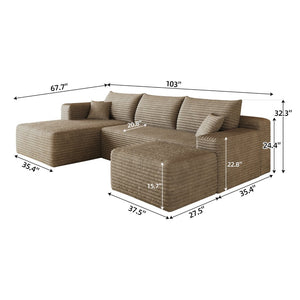 English Elm 103 Inch L Shaped Sectional Sofa in Plush Corduroy for Modern Living Rooms Camel A W2824S00354