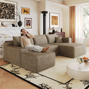 English Elm 103 Inch L Shaped Sectional Sofa in Plush Corduroy for Modern Living Rooms Camel B W2824S00356