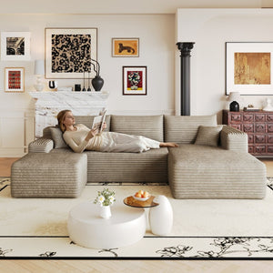 English Elm 103 Inch L Shaped Sectional Sofa in Plush Corduroy for Modern Living Rooms Camel B W2824S00356